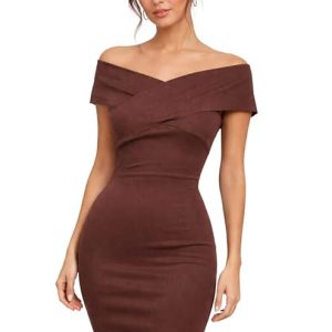 AKHIRAH Women's Off-Shoulder Bodycon Midi Dress, Brown, Ribbed Fabric, Figure-Hugging Crossover Neckline