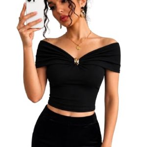TIVANTE Off-Shoulder Top for Women Stylish, Ruched V Neck Tops for Woman with Gold-Tone Metal Buckle Detail || Fitted Tops for Woman